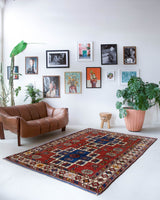 Vintage Turkish rug in a living room setting, pile rug, Turkish rug, vintage rug, portland, rug shop, bright colors, wild shaman, soft rug, bold color, Portland, Oregon, rug store, rug shop, local shop