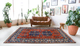 Vintage Turkish rug in a living room setting, pile rug, Turkish rug, vintage rug, portland, rug shop, bright colors, wild shaman, soft rug, bold color, Portland, Oregon, rug store, rug shop, local shop
