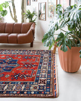 Vintage Turkish rug in a living room setting, pile rug, Turkish rug, vintage rug, portland, rug shop, bright colors, wild shaman, soft rug, bold color, Portland, Oregon, rug store, rug shop, local shop