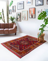 Vintage Turkish rug in a living room setting, pile rug, Turkish rug, vintage rug, portland, rug shop, bright colors, wild shaman, soft rug, bold color, Portland, Oregon, rug store, rug shop, local shop