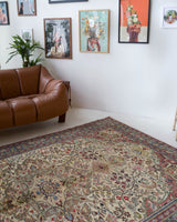 Vintage Turkish rug in living room setting, old rug, antique rug, pastel colors, faded colors, Turkish rug, vintage rug, soft rug, Portland, Oregon, rug store, rug shop, local shop