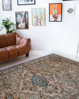 Vintage Turkish rug in living room setting, old rug, antique rug, pastel colors, faded colors, Turkish rug, vintage rug, soft rug, Portland, Oregon, rug store, rug shop, local shop