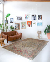 Vintage Turkish rug in living room setting, old rug, antique rug, pastel colors, faded colors, Turkish rug, vintage rug, soft rug, Portland, Oregon, rug store, rug shop, local shop