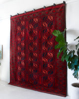 Antique Turkmen rug in a living room setting, pile rug, Turkish rug, vintage rug, portland, rug shop, bright colors, wild shaman, soft rug, bold color, Portland, Oregon, rug store, rug shop, local shop, antique rug