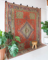 Vintage kilim rug in room decor setting, kilim, Turkish rug, vintage rug, portland, rug shop, bright colors, wild shaman, bold color, Portland, Oregon, rug store, rug shop, local shop, antique rug