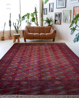 Antique Turkmen rug in a living room setting, pile rug, Turkish rug, vintage rug, portland, rug shop, bright colors, wild shaman, soft rug, bold color, Portland, Oregon, rug store, rug shop, local shop, antique rug