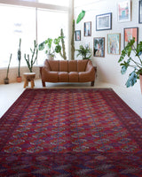 Antique Turkmen rug in a living room setting, pile rug, Turkish rug, vintage rug, portland, rug shop, bright colors, wild shaman, soft rug, bold color, Portland, Oregon, rug store, rug shop, local shop, antique rug