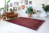 Antique Turkmen rug in a living room setting, pile rug, Turkish rug, vintage rug, portland, rug shop, bright colors, wild shaman, soft rug, bold color, Portland, Oregon, rug store, rug shop, local shop, antique rug