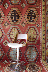 Vintage kilim rug in room decor setting, kilim, Turkish rug, vintage rug, portland, rug shop, bright colors, wild shaman, bold color, Portland, Oregon, rug store, rug shop, local shop, antique rug