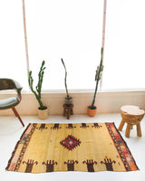 Vintage kilim rug in room decor setting, kilim, Turkish rug, vintage rug, portland, rug shop, bright colors, wild shaman, bold color, Portland, Oregon, rug store, rug shop, local shop, antique rug