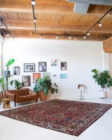 Antique Persian area rug in a living room setting, pile rug, vintage rug, portland, rug shop, bright colors, wild shaman, soft rug, bold color, Portland, Oregon, rug store, rug shop, local shop, antique rug, Persian rug, handmade rug, wool rug