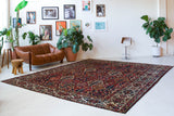 Antique Persian area rug in a living room setting, pile rug, vintage rug, portland, rug shop, bright colors, wild shaman, soft rug, bold color, Portland, Oregon, rug store, rug shop, local shop, antique rug, Persian rug, handmade rug, wool rug
