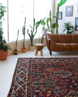 Antique Persian area rug in a living room setting, pile rug, vintage rug, portland, rug shop, bright colors, wild shaman, soft rug, bold color, Portland, Oregon, rug store, rug shop, local shop, antique rug, Persian rug, handmade rug, wool rug