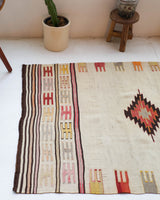 Vintage kilim rug in room decor setting, old rug, antique rug, pastel colors, faded colors, Turkish rug, vintage rug, soft rug, Portland, Oregon, rug store, rug shop, local shop, antique rug