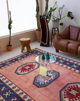 Vintage Turkish rug in a living room setting, pile rug, Turkish rug, vintage rug, portland, rug shop, bright colors, wild shaman, soft rug, bold color, Portland, Oregon, rug store, rug shop, local shop