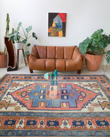 Vintage caucasian rug in a living room setting, pile rug, Turkish rug, vintage rug, portland, rug shop, bright colors, wild shaman, soft rug, bold color, Portland, Oregon, rug store, rug shop, local shop, soft rug, pastel colors, faded colors