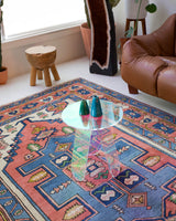 Vintage caucasian rug in a living room setting, pile rug, Turkish rug, vintage rug, portland, rug shop, bright colors, wild shaman, soft rug, bold color, Portland, Oregon, rug store, rug shop, local shop, soft rug, pastel colors, faded colors