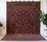 Antique Persian area rug in a living room setting, pile rug, vintage rug, portland, rug shop, bright colors, wild shaman, soft rug, bold color, Portland, Oregon, rug store, rug shop, local shop, antique rug, Persian rug, handmade rug, wool rug