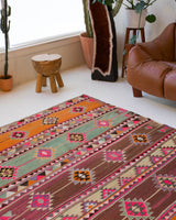Vintage kilim rug in living room setting, bright colors, wild shaman, soft rug, bold color, Portland, Oregon, rug store, rug shop, local shop