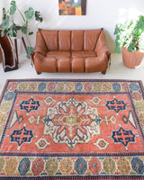 Vintage caucasian rug in a living room setting, pile rug, Turkish rug, vintage rug, portland, rug shop, bright colors, wild shaman, soft rug, bold color, Portland, Oregon, rug store, rug shop, local shop, soft rug, pastel colors, faded colors