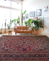 Antique Persian area rug in a living room setting, pile rug, vintage rug, portland, rug shop, bright colors, wild shaman, soft rug, bold color, Portland, Oregon, rug store, rug shop, local shop, antique rug, Persian rug, handmade rug, wool rug