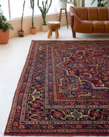 Antique Persian area rug in a living room setting, pile rug, vintage rug, portland, rug shop, bright colors, wild shaman, soft rug, bold color, Portland, Oregon, rug store, rug shop, local shop, antique rug, Persian rug, handmade rug, wool rug