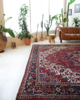 Antique Persian area rug in a living room setting, pile rug, vintage rug, portland, rug shop, bright colors, wild shaman, soft rug, bold color, Portland, Oregon, rug store, rug shop, local shop, antique rug, Persian rug, handmade rug, wool rug