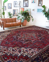 Antique Persian area rug in a living room setting, pile rug, vintage rug, portland, rug shop, bright colors, wild shaman, soft rug, bold color, Portland, Oregon, rug store, rug shop, local shop, antique rug, Persian rug, handmade rug, wool rug
