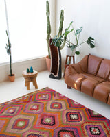 Vintage kilim rug in living room setting, bright colors, wild shaman, soft rug, bold color, Portland, Oregon, rug store, rug shop, local shop, vintage rug, modern kilim