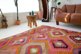Vintage kilim rug in living room setting, bright colors, wild shaman, soft rug, bold color, Portland, Oregon, rug store, rug shop, local shop, vintage rug, modern kilim