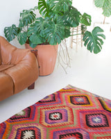 Vintage kilim rug in living room setting, bright colors, wild shaman, soft rug, bold color, Portland, Oregon, rug store, rug shop, local shop, vintage rug, modern kilim