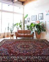 Antique Persian area rug in a living room setting, pile rug, vintage rug, portland, rug shop, bright colors, wild shaman, soft rug, bold color, Portland, Oregon, rug store, rug shop, local shop, antique rug, Persian rug, handmade rug, wool rug