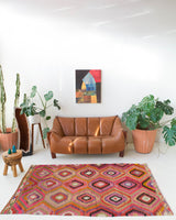 Vintage kilim rug in living room setting, bright colors, wild shaman, soft rug, bold color, Portland, Oregon, rug store, rug shop, local shop, vintage rug, modern kilim