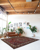 Antique Persian area rug in a living room setting, pile rug, vintage rug, portland, rug shop, bright colors, wild shaman, soft rug, bold color, Portland, Oregon, rug store, rug shop, local shop, antique rug, Persian rug, handmade rug, wool rug