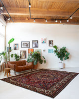 Antique Persian area rug in a living room setting, pile rug, vintage rug, portland, rug shop, bright colors, wild shaman, soft rug, bold color, Portland, Oregon, rug store, rug shop, local shop, antique rug, Persian rug, handmade rug, wool rug