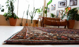 Antique Persian area rug in a living room setting, pile rug, vintage rug, portland, rug shop, bright colors, wild shaman, soft rug, bold color, Portland, Oregon, rug store, rug shop, local shop, antique rug, Persian rug, handmade rug, wool rug