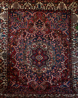 Antique Persian area rug in a living room setting, pile rug, vintage rug, portland, rug shop, bright colors, wild shaman, soft rug, bold color, Portland, Oregon, rug store, rug shop, local shop, antique rug, Persian rug, handmade rug, wool rug