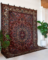 Antique Persian area rug in a living room setting, pile rug, vintage rug, portland, rug shop, bright colors, wild shaman, soft rug, bold color, Portland, Oregon, rug store, rug shop, local shop, antique rug, Persian rug, handmade rug, wool rug