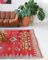 Vintage kilim rug in living room setting, bright colors, wild shaman, soft rug, bold color, Portland, Oregon, rug store, rug shop, local shop, vintage rug, modern kilim