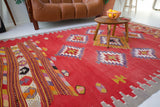Vintage kilim rug in living room setting, bright colors, wild shaman, soft rug, bold color, Portland, Oregon, rug store, rug shop, local shop, vintage rug, modern kilim