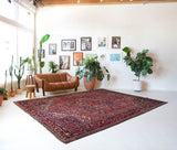 Antique Persian area rug in a living room setting, pile rug, vintage rug, portland, rug shop, bright colors, wild shaman, soft rug, bold color, Portland, Oregon, rug store, rug shop, local shop, antique rug, Persian rug, handmade rug, wool rug