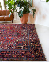 Antique Persian area rug in a living room setting, pile rug, vintage rug, portland, rug shop, bright colors, wild shaman, soft rug, bold color, Portland, Oregon, rug store, rug shop, local shop, antique rug, Persian rug, handmade rug, wool rug