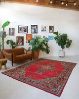 Vintage Turkish rug in a living room setting, pile rug, Turkish rug, vintage rug, portland, rug shop, bright colors, wild shaman, soft rug, bold color, Portland, Oregon, rug store, rug shop, local shop, antique rug