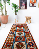 Vintage Turkish runner rug in a living room setting, pile rug, Turkish rug, vintage rug, portland, rug shop, bright colors, wild shaman, soft rug, bold color, Portland, Oregon, rug store, rug shop, local shop, antique rug