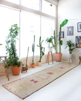Vintage Turkish runner rug in living room setting, old rug, antique rug, pastel colors, faded colors, Turkish rug, vintage rug, soft rug, Portland, Oregon, rug store, rug shop, local shop