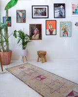 Vintage Turkish runner rug in living room setting, old rug, antique rug, pastel colors, faded colors, Turkish rug, vintage rug, soft rug, Portland, Oregon, rug store, rug shop, local shop