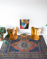 Vintage Turkish rug in a living room setting, pile rug, Turkish rug, vintage rug, portland, rug shop, bright colors, wild shaman, soft rug, bold color, Portland, Oregon, rug store, rug shop, local shop, antique rug