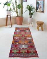 Vintage Turkish runner rug in a living room setting, pile rug, Turkish rug, vintage rug, portland, rug shop, bright colors, wild shaman, soft rug, bold color, Portland, Oregon, rug store, rug shop, local shop, antique rug