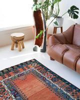 Vintage Turkish rug in a living room setting, pile rug, Turkish rug, vintage rug, portland, rug shop, bright colors, wild shaman, soft rug, bold color, Portland, Oregon, rug store, rug shop, local shop