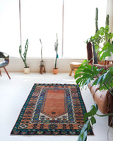 Vintage Turkish rug in a living room setting, pile rug, Turkish rug, vintage rug, portland, rug shop, bright colors, wild shaman, soft rug, bold color, Portland, Oregon, rug store, rug shop, local shop